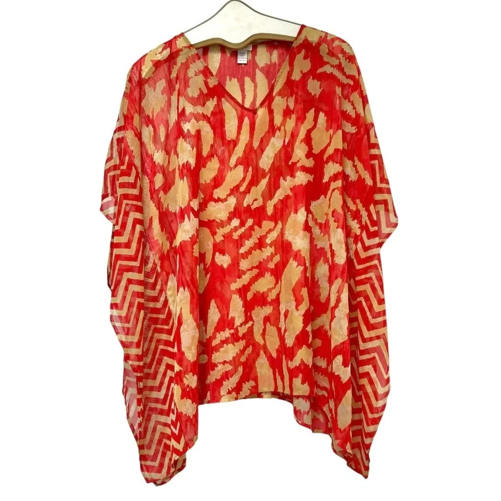Chicos Red Abstract Animal Print Sheer Kaftan Swim Cover Up Boho Resortwear S/M